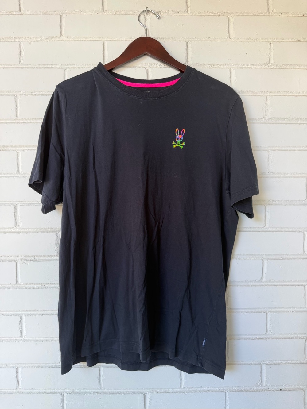Psycho Bunny Men's Blue Crew Neck T-Shirt - Neon Rainbow Graphic Logo - Size 7